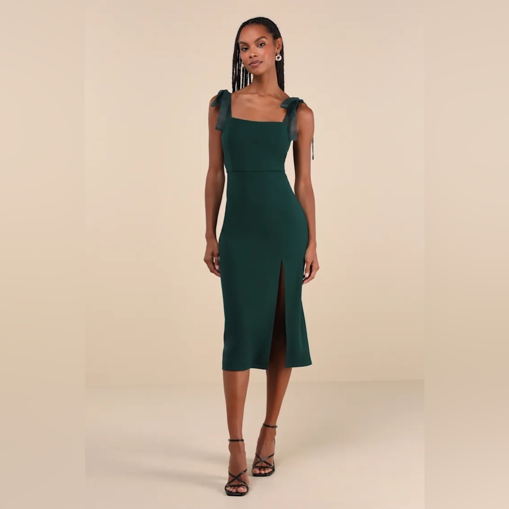 Lulus Romantic Celebration Emerald Green Tie-Strap Bodycon Midi Dress